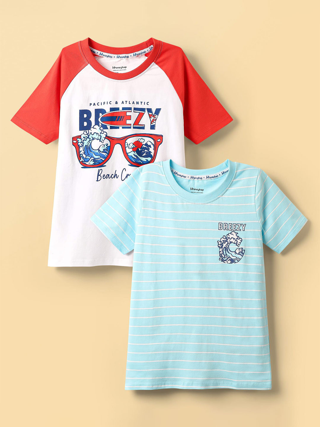 Honeyhap Boys Pack of 2 Printed Raglan Sleeves Cotton Knit T-Shirts