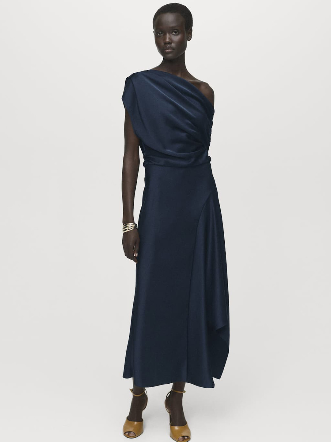 MANGO One Shoulder PU Coated Satin A-Line Maxi Dress with Asymmetric Hem