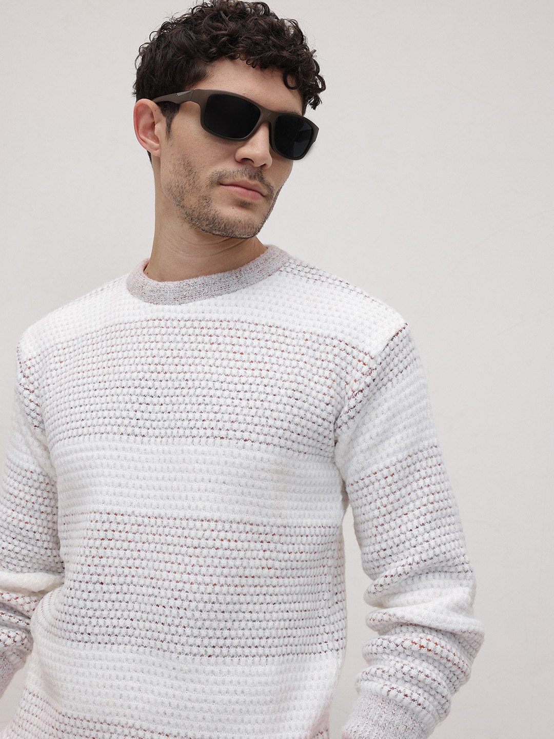 The Roadster Life Co. Striped Self-Design Woollen Pullover