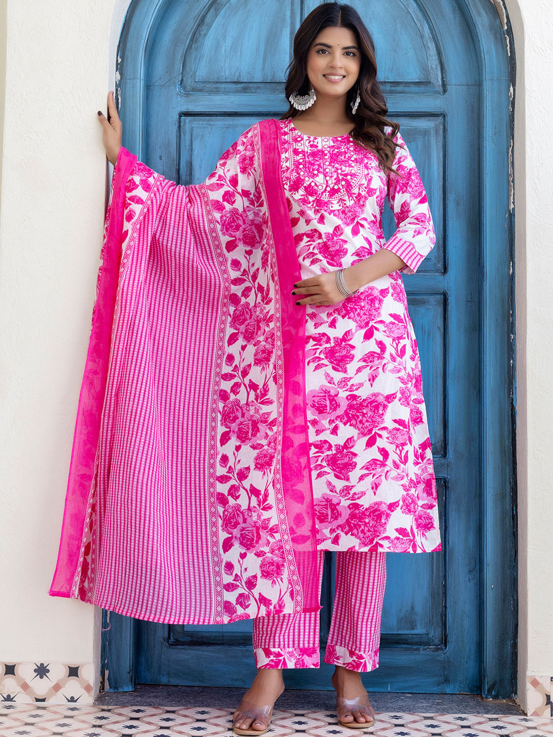 Cora Women Floral Printed Regular Mirror Work Pure Cotton Kurta Set With Dupatta