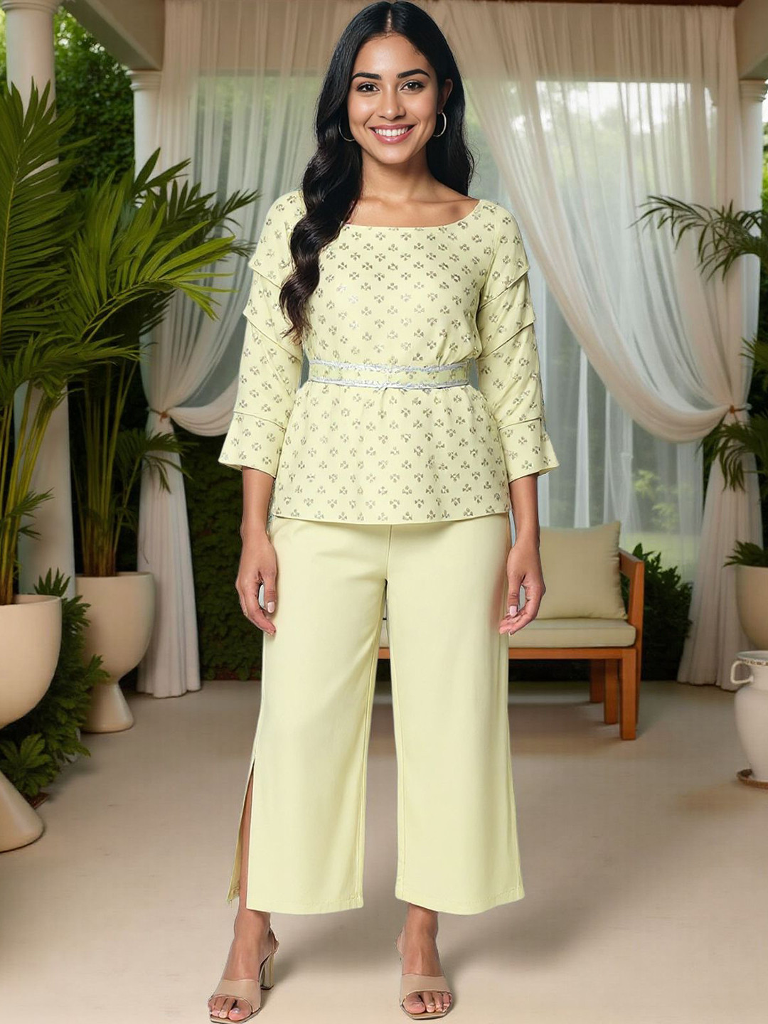 KYVO Foil Printed Top With Pants & Embellished Belt Co-Ords