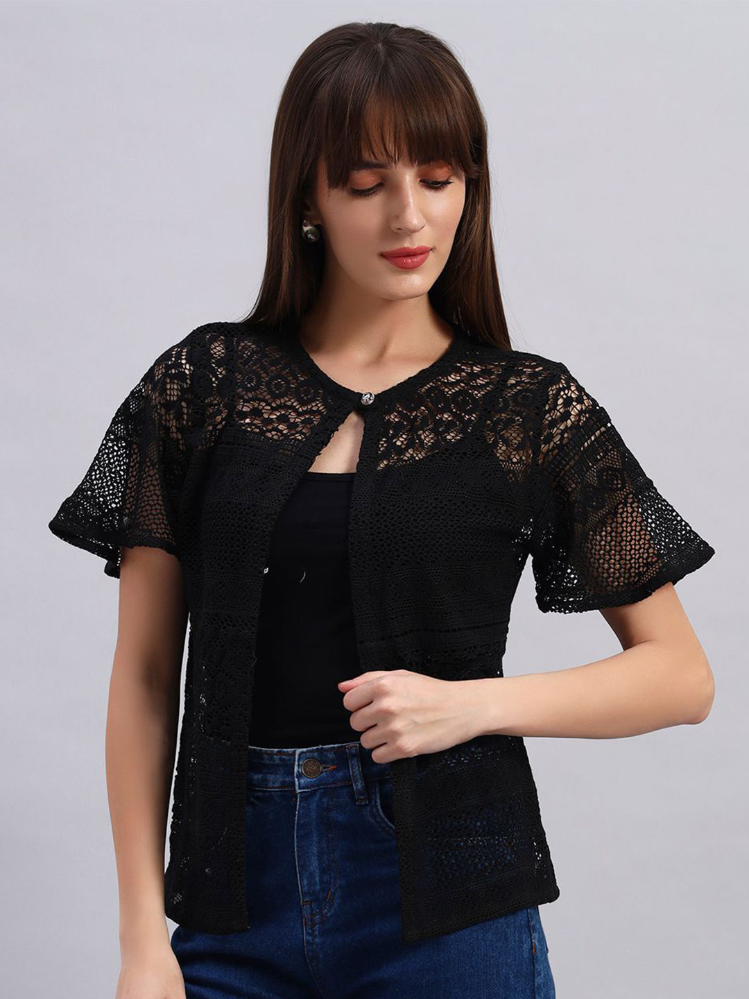 NATURE CRAFT Self Design Sheer Open Front Cotton Shrug