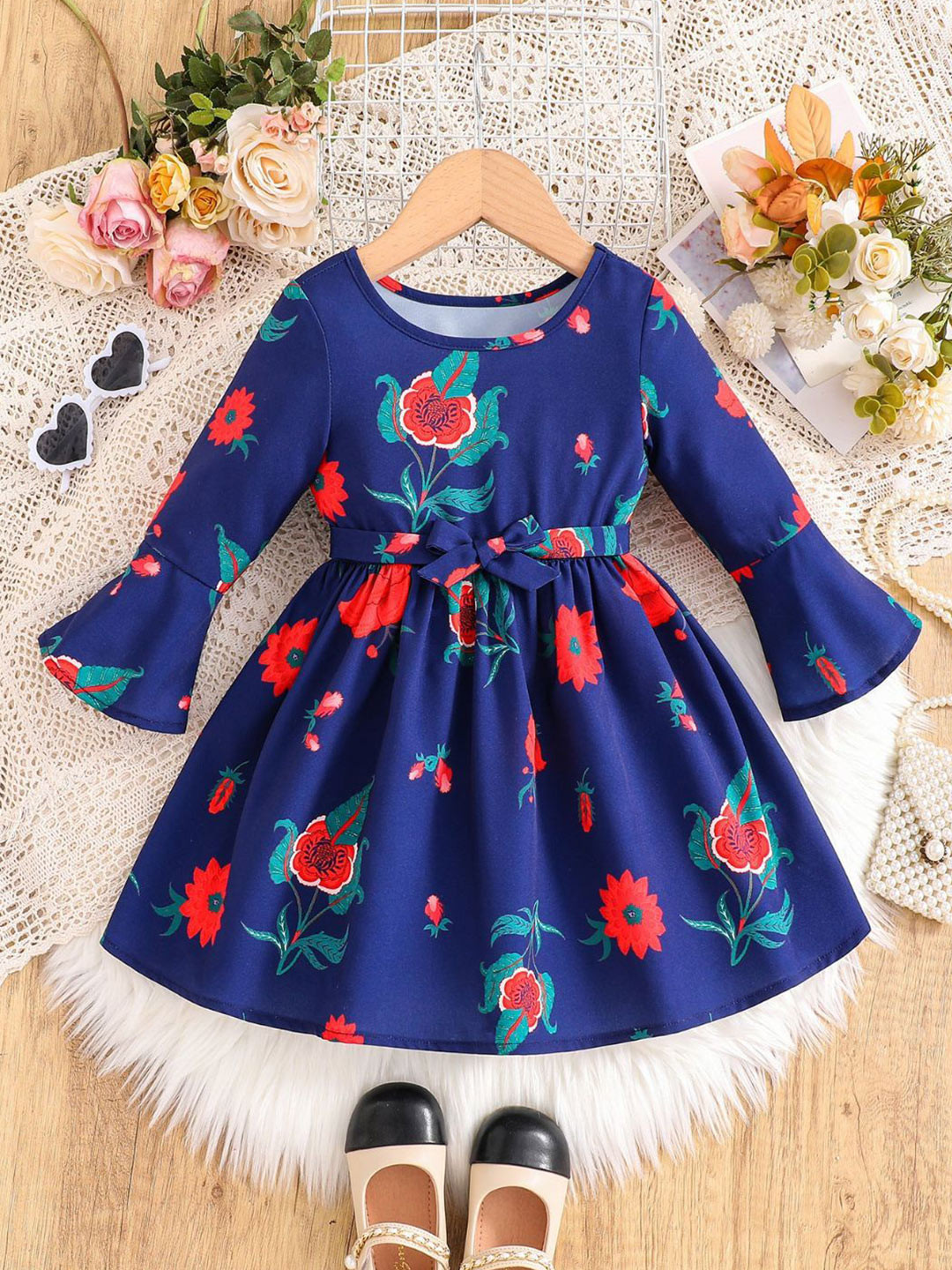 Oh Rare Girls Floral Printed Tie-Ups Round Neck Bell Sleeves Fit and Flare Dresses