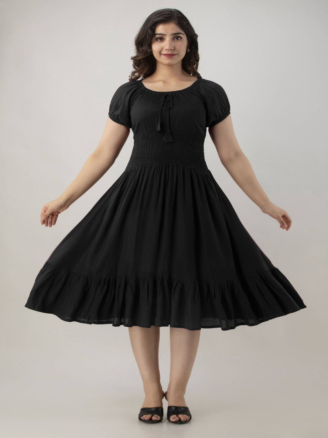 Pollux Craft Women Solid Puff Sleeve Smocked Fit & Flare Dress