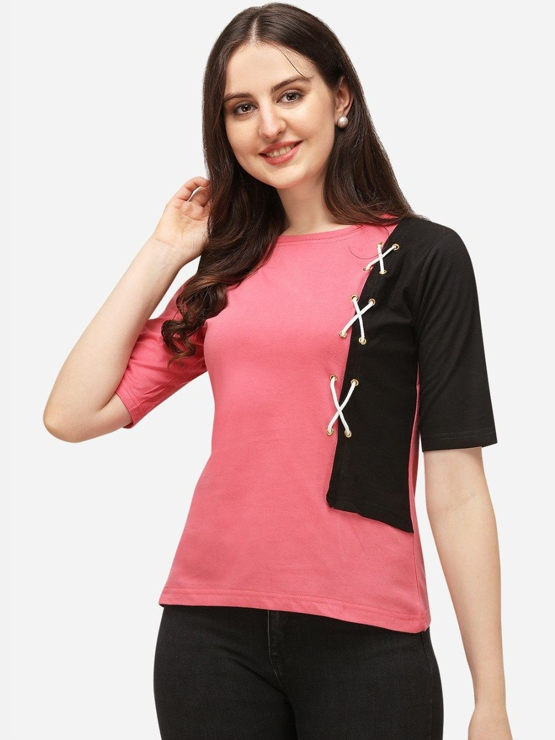 LERIYA FASHION Women Pink Criss Cross Lacing Round Neck Casual Top