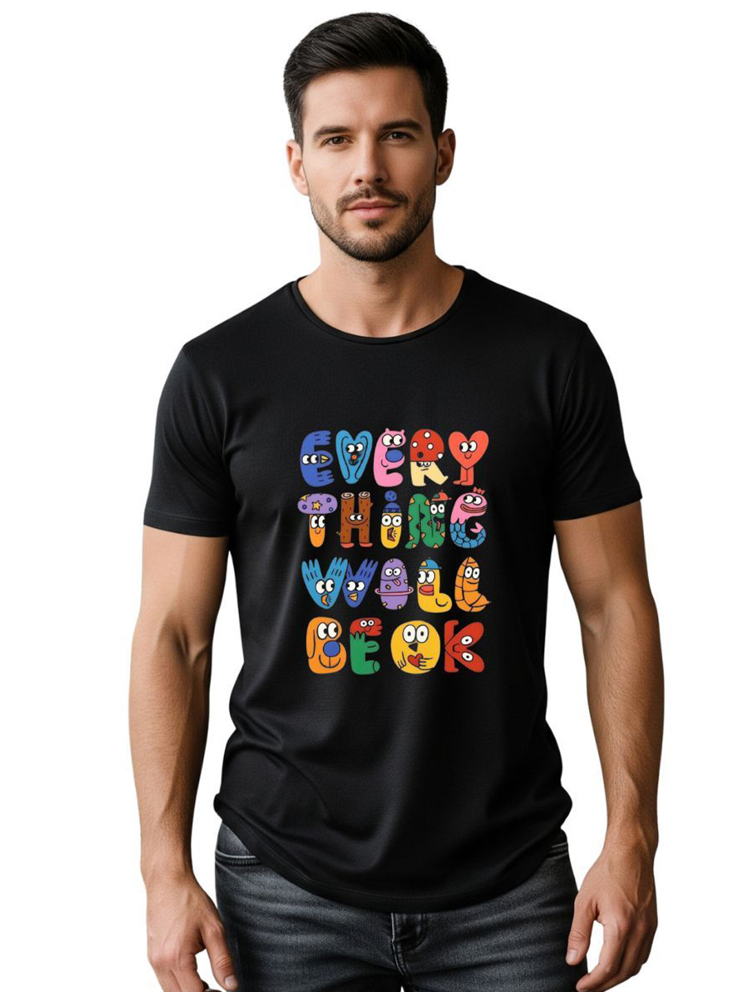 PULP Unisex Black Everything Will Be OK Printed Cotton Casual Tshirts