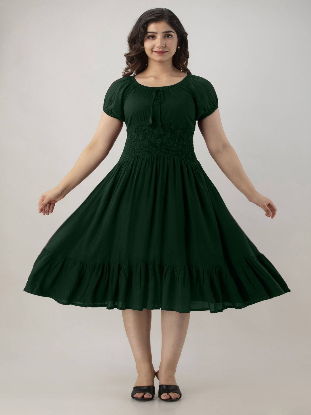 AKARSHITA SALES Women Round Neck Puff Sleeve A-Line Dress