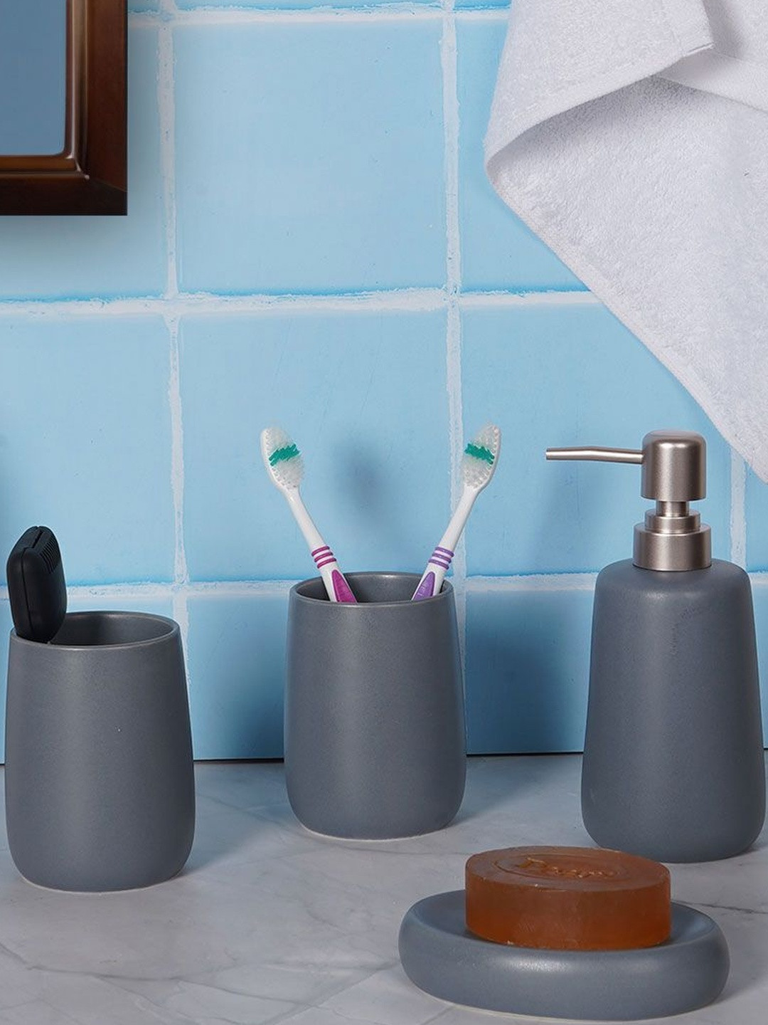 AARVI DECOR STUDIO Grey Pack Of 4 Ceramic Soap Dispenser & Brush Holder Ceramic Bath Set