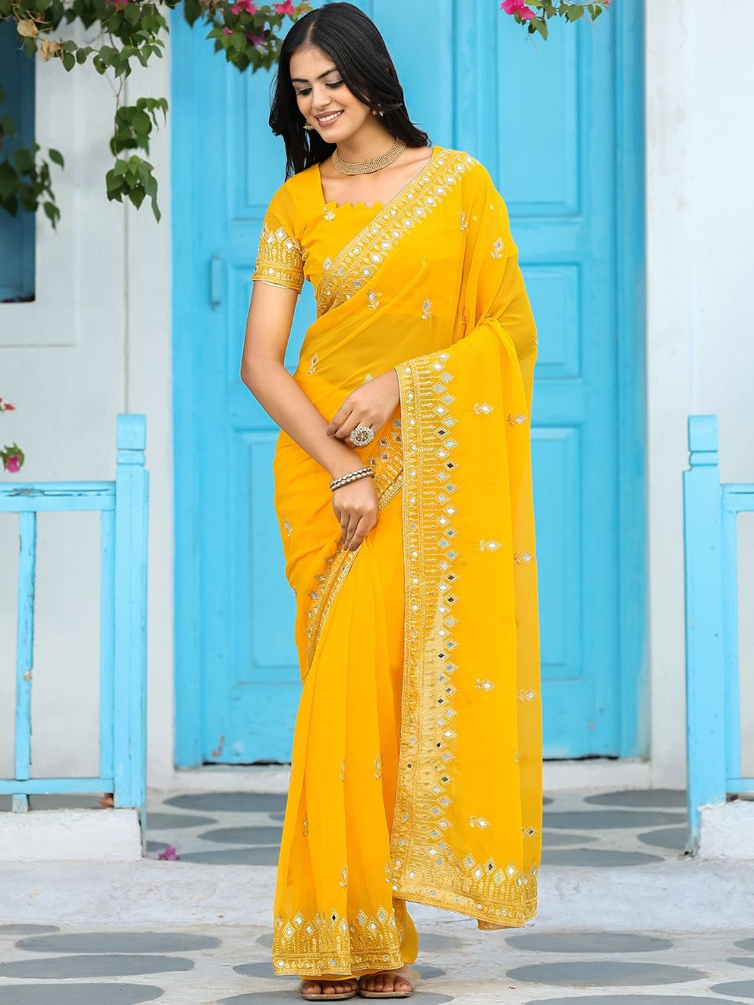 Prettyage Woven Design Mirror Work Poly Georgette Designer Banarasi Saree