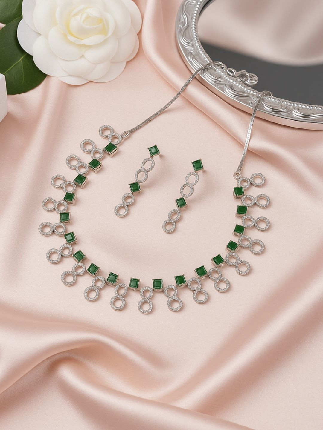 shringaar by neha Women Silver-Plated Cubic Zirconia Studded Necklace and Earrings