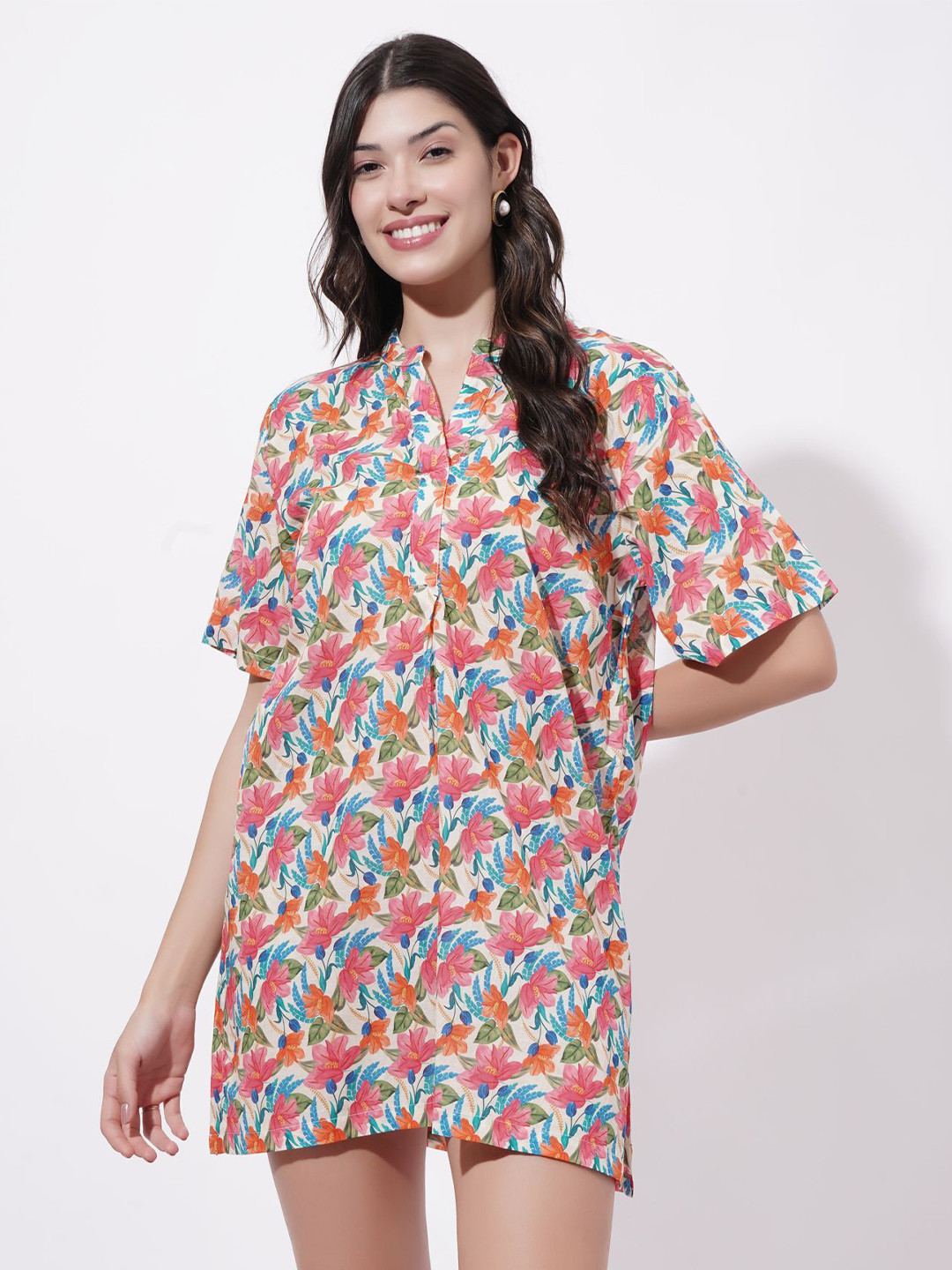 myNeeV Women Cotton Floral Print Mini Dress