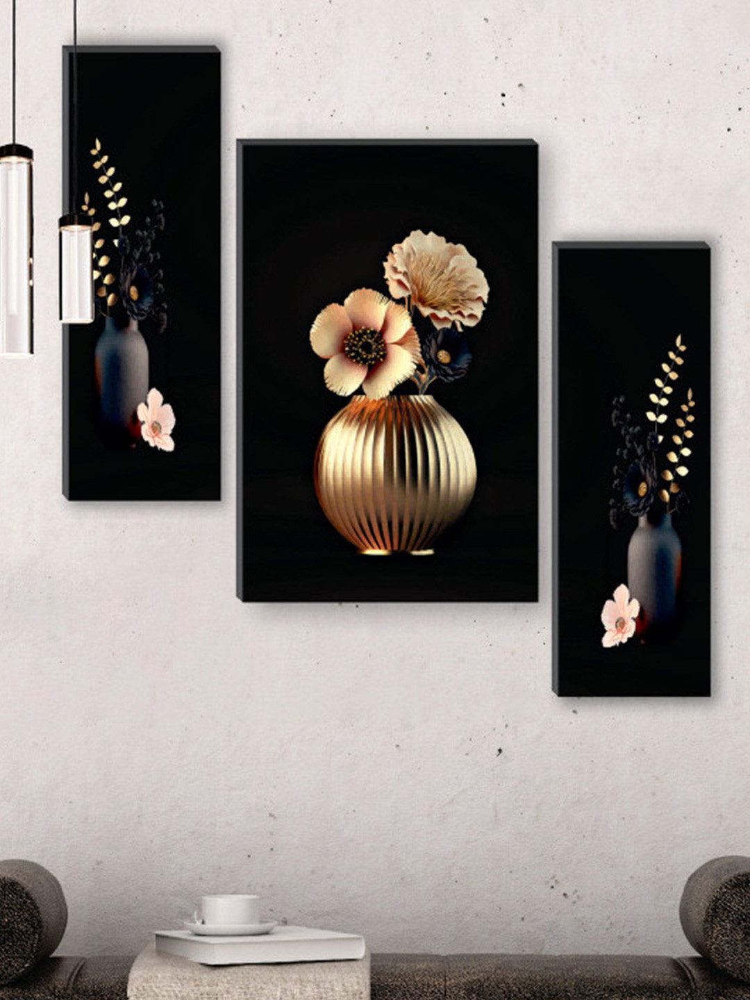 SAF Black 3-Pieces Preety Flower Pot UV Textured Self adeshive frame Painting Wall Art