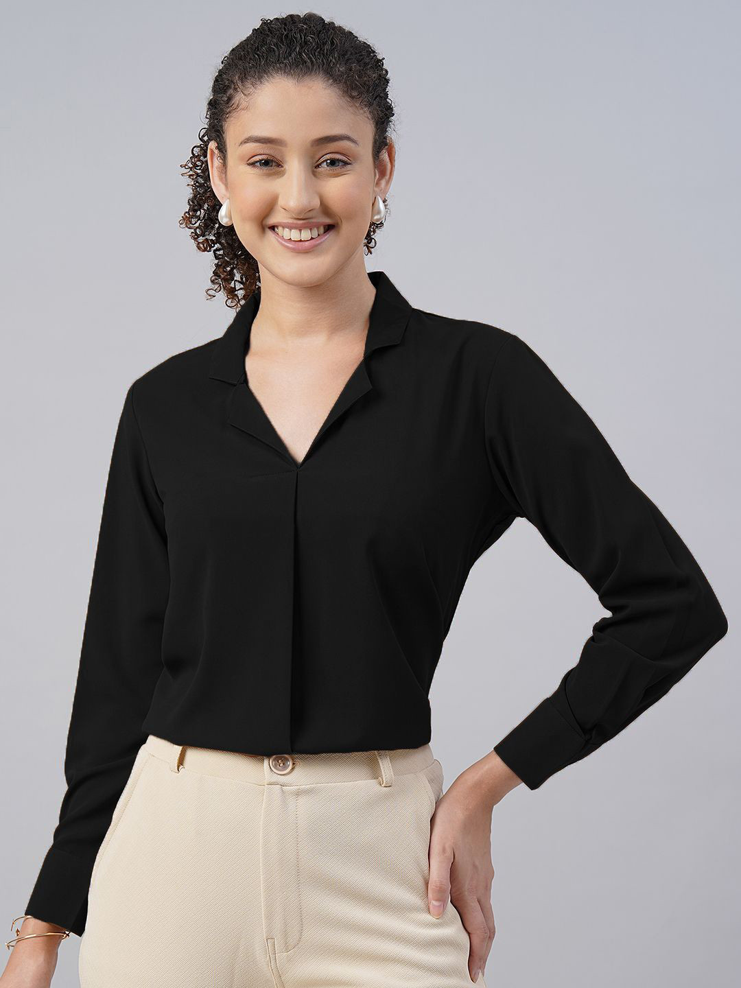 THE FAB FACTORY Women Black Shirt Collar Top