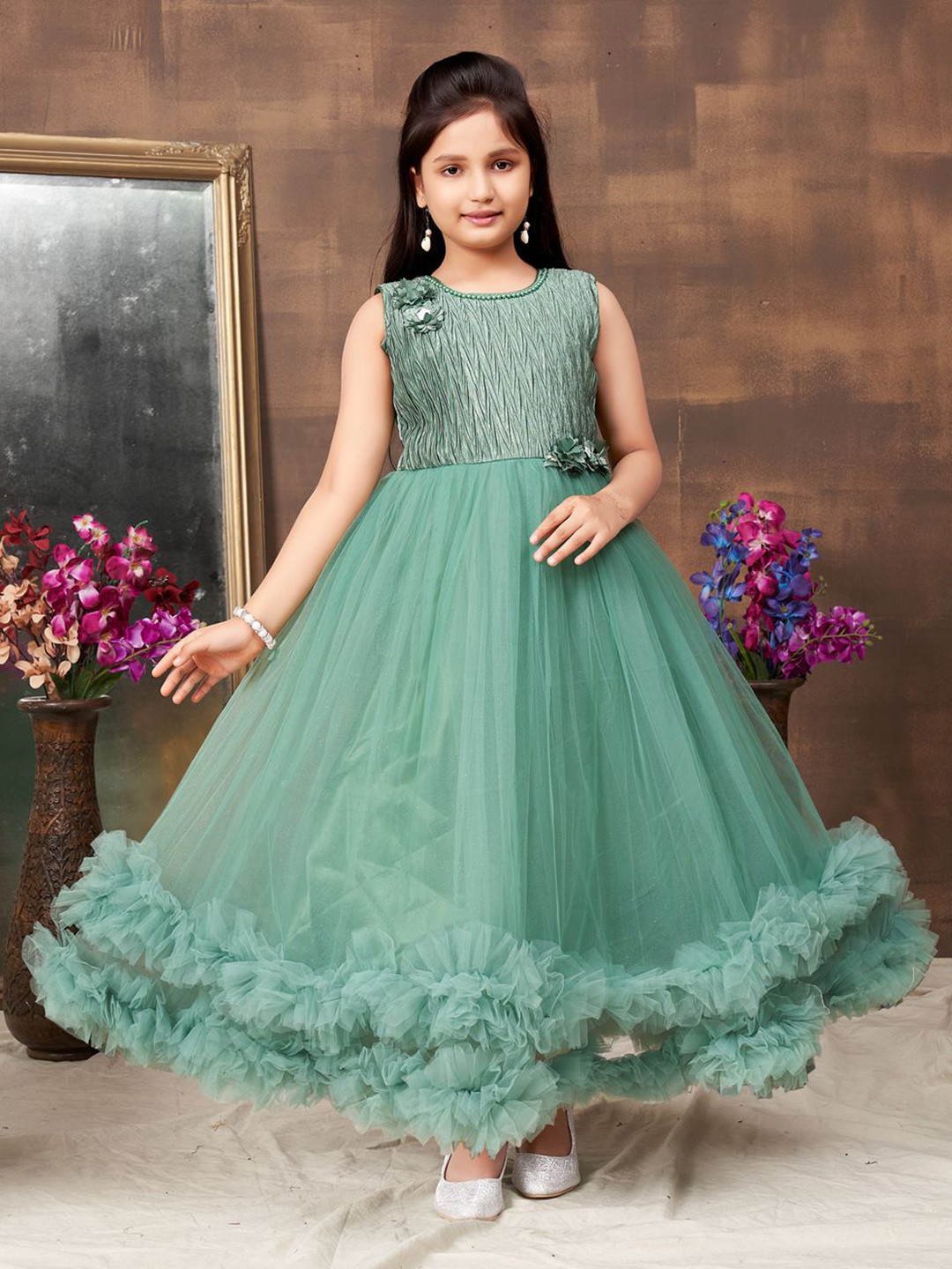 BAESD Girls Self Design Applique Net Gown Maxi Dress