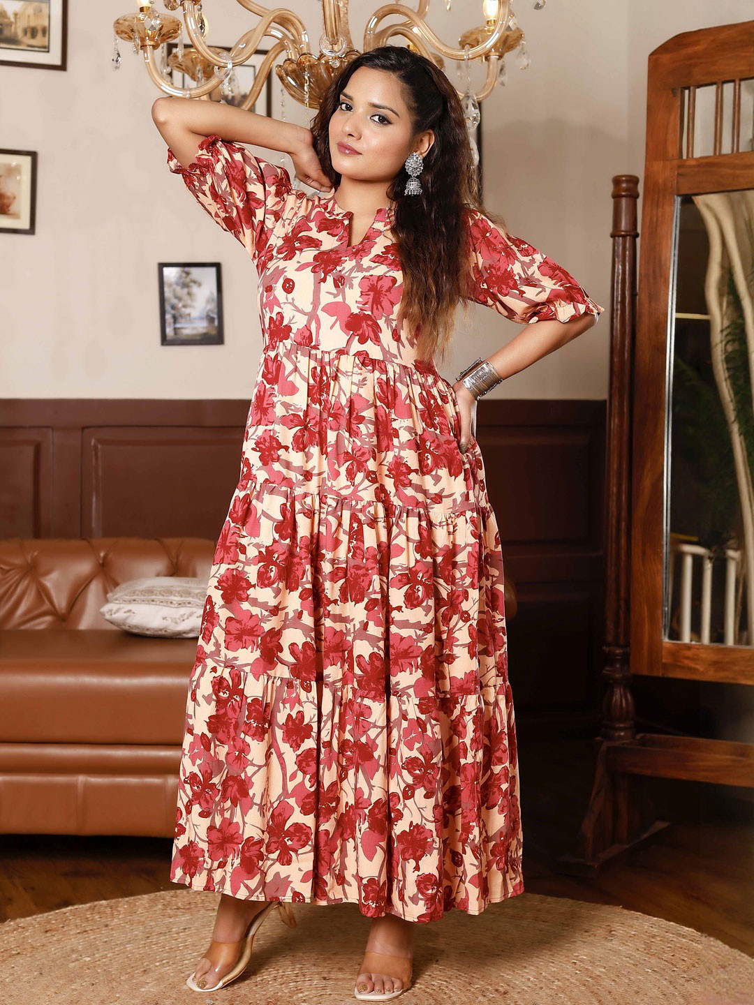 PRESHA Women Floral Printed Gathered or Pleated Tiered Fit & Flare Maxi Dress