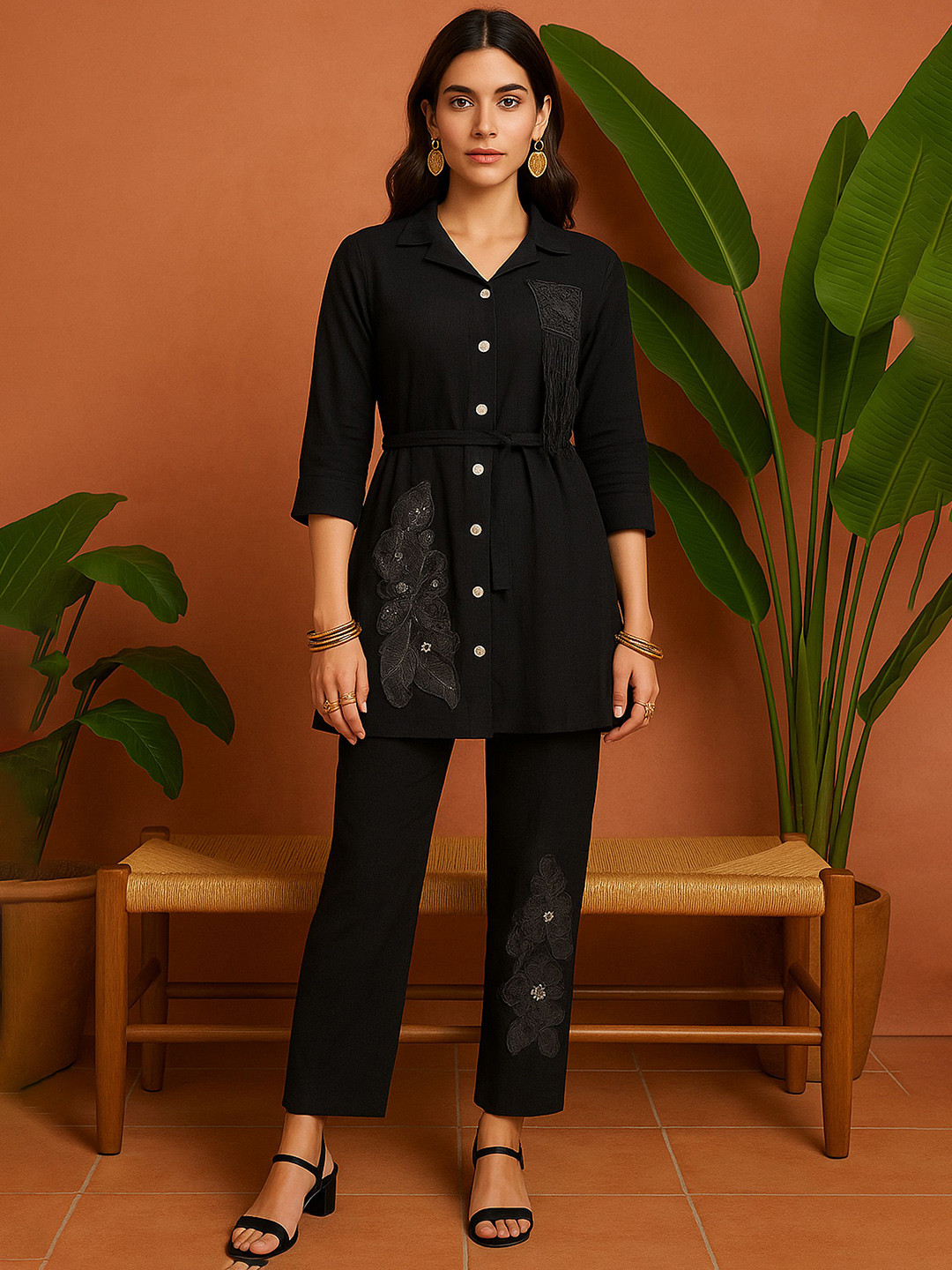 FashionTownie Textured Fringe-Detail Tunic & Trousers