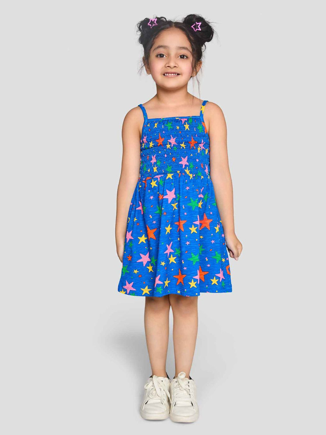 Kiggle Girls Stars Printed Smocked Fit & Flare Dress