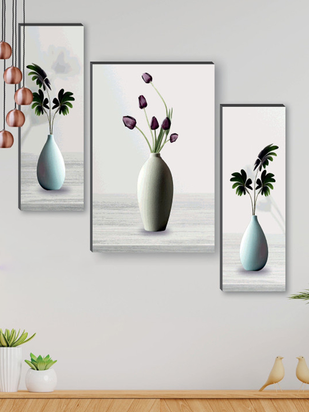 SAF Grey & Green Preety Flower Pot UV Textured Self adeshive Frame Wall Painting