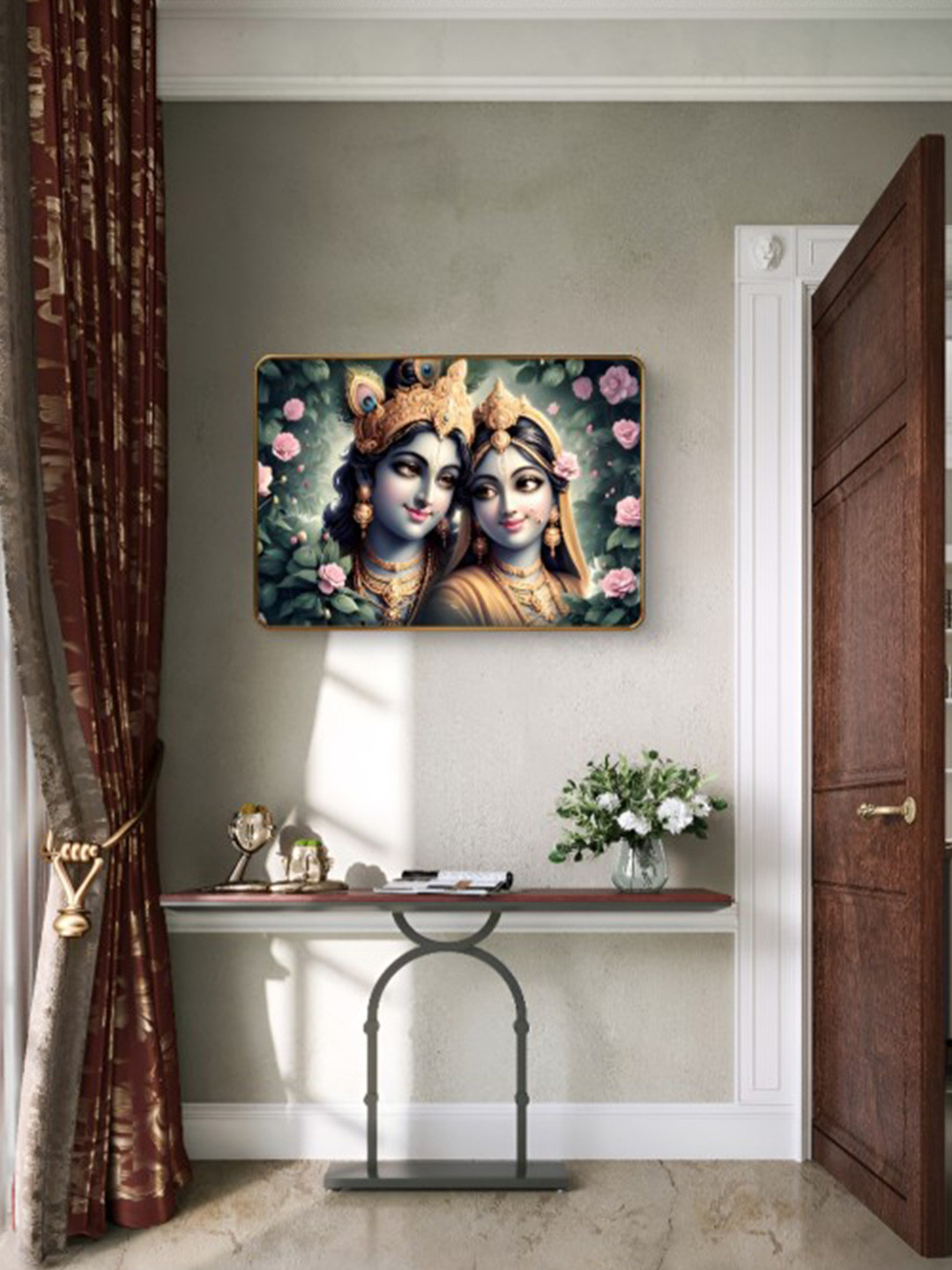 SAF Green & Pink Radha Krishna Sparkle Lamination Wood Wall Painting