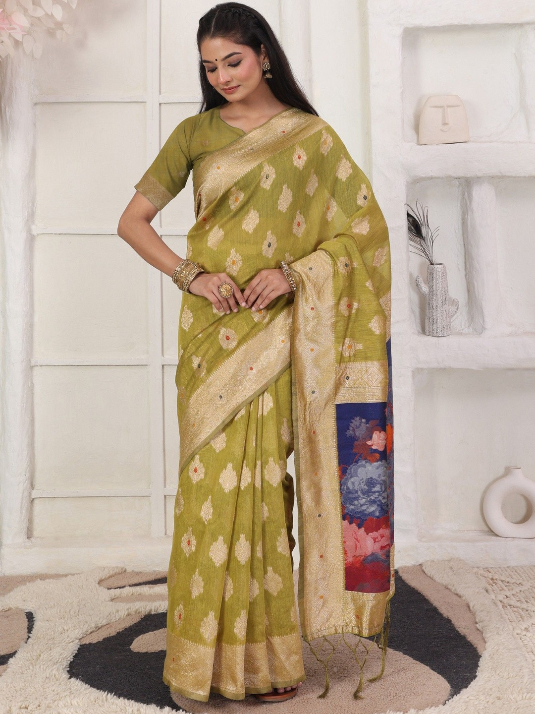 KALINI Woven Design Zari Saree With Blouse