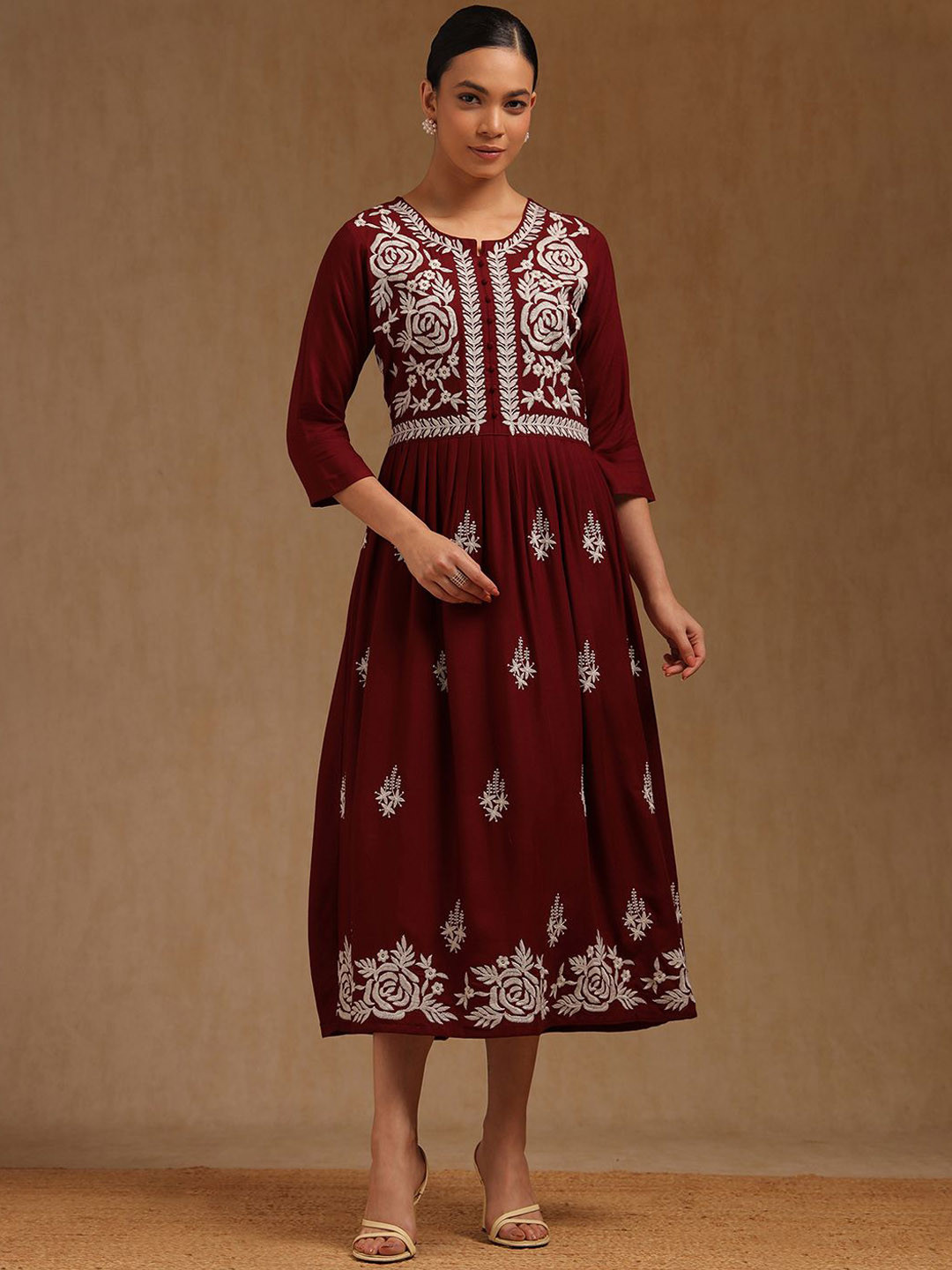 Soch Women Embroidered Round Neck Three Fourth Sleeve Fit and Flare Ethnic Dress