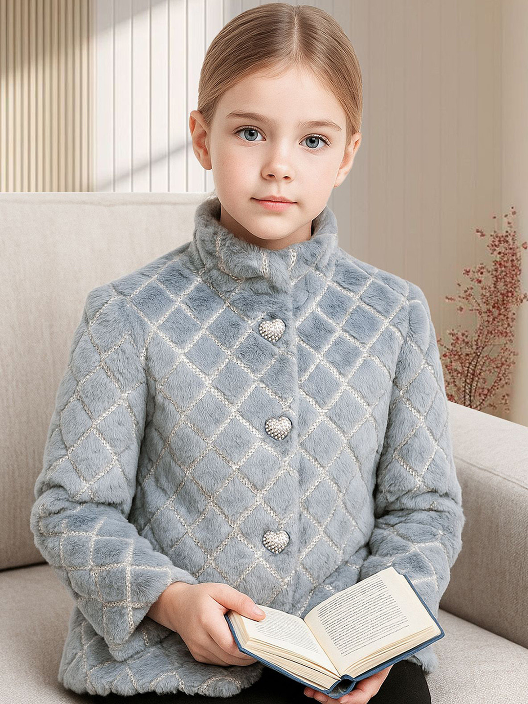 LURE JUNIOR Girls Self-Designed Faux Fur Stand Collared Overcoat