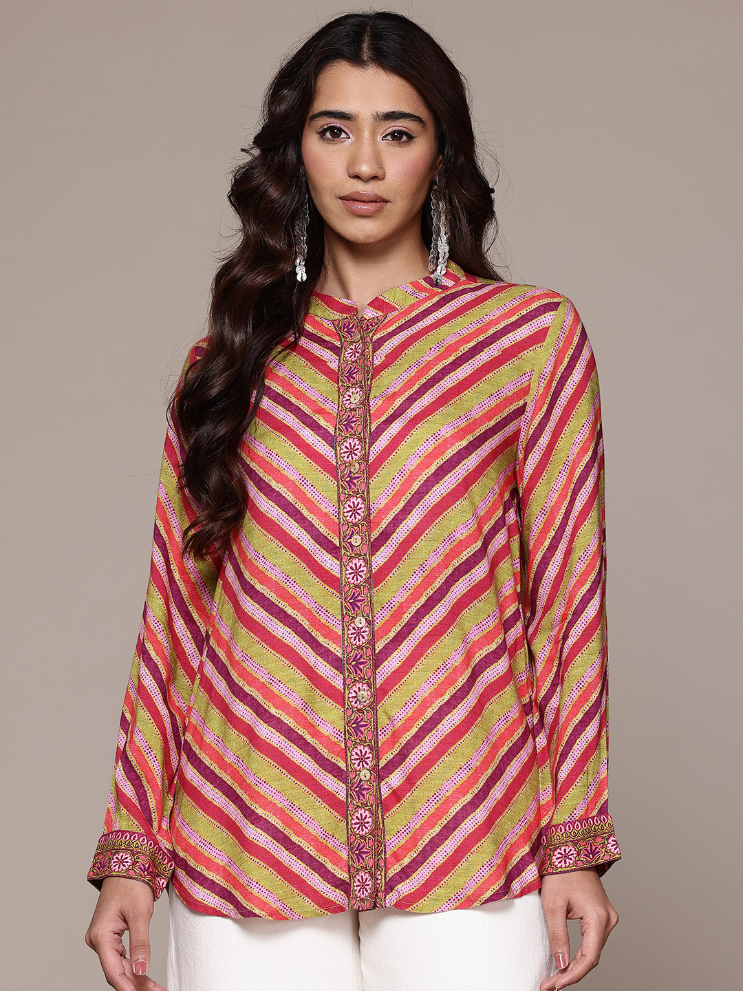 aarke Ritu Kumar Firgun Chevron Striped Mandarin Collar Relaxed Fit Shirt
