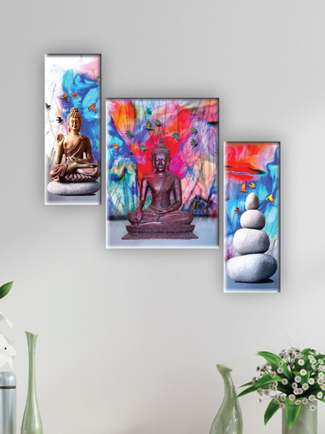 SAF Red & Blue 3 Pieces Lord Buddha Painted UV Textured Self Adhesive Wall Art