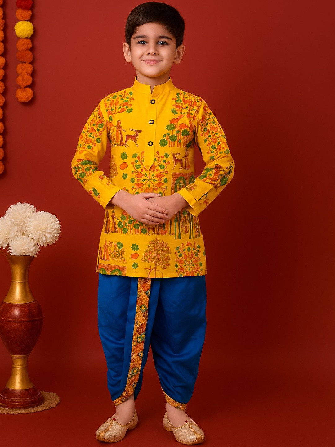 TAKE STYLE Boys Yellow Dupion Silk Mandarin Collar Long Sleeves Ethnic Kurta Sets