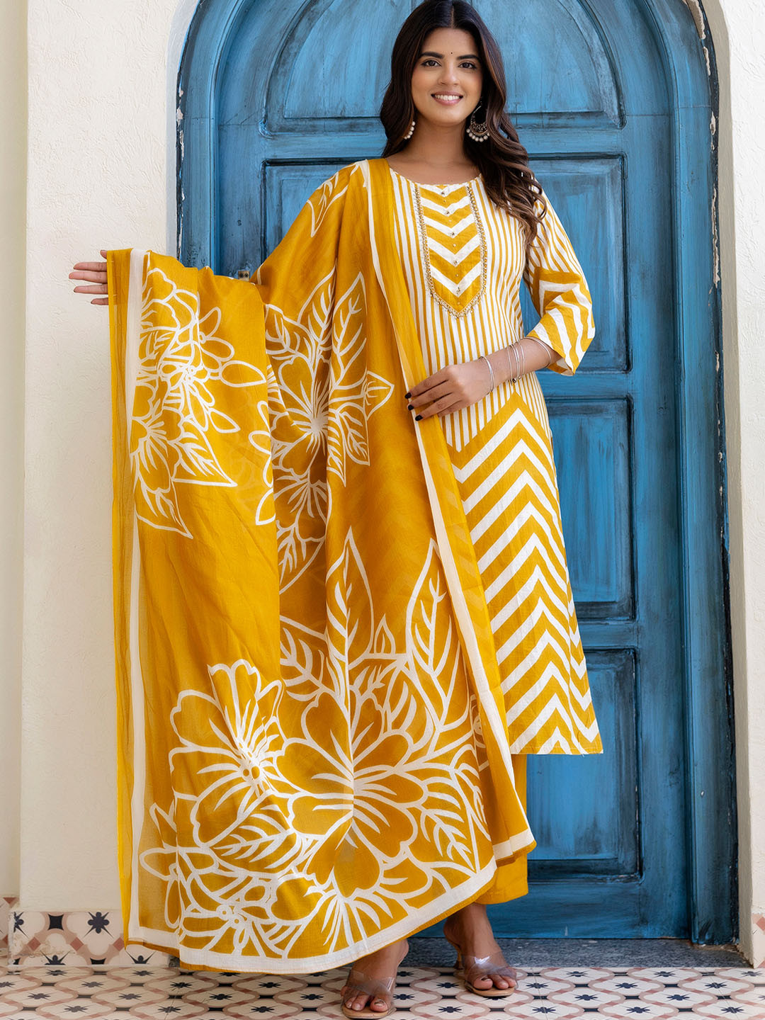 Cora Women Printed Regular Thread Work Pure Cotton Straight Kurta with Trousers & Dupatta