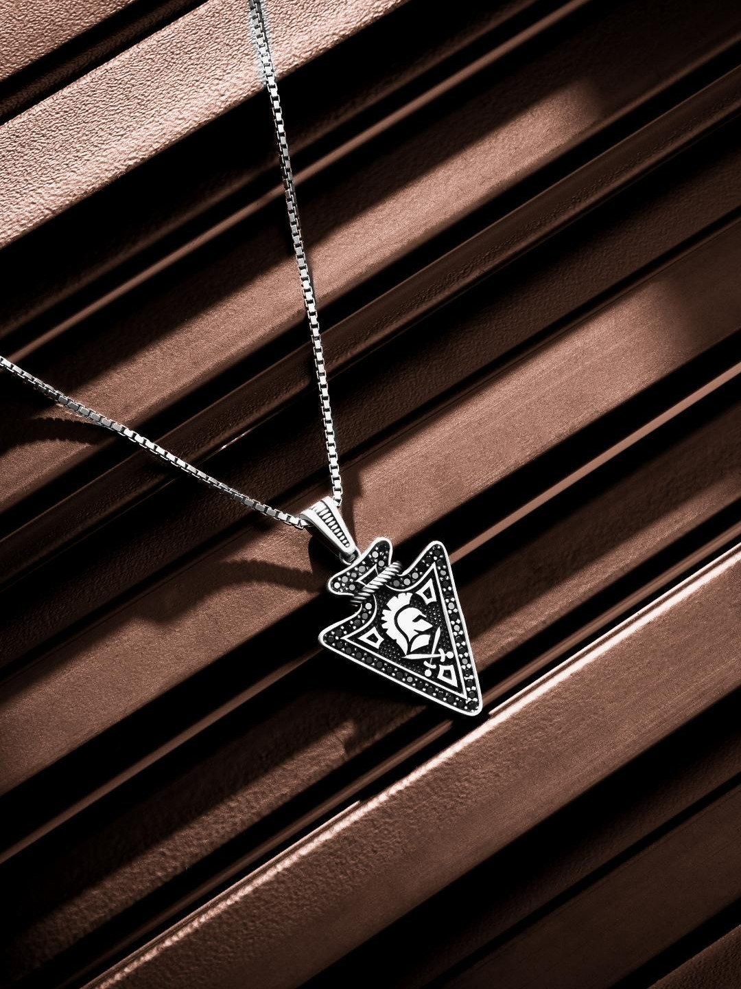 ORIONZ Men Sterling Silver Oxidised Warrior Crest Triangular Shaped Pendant