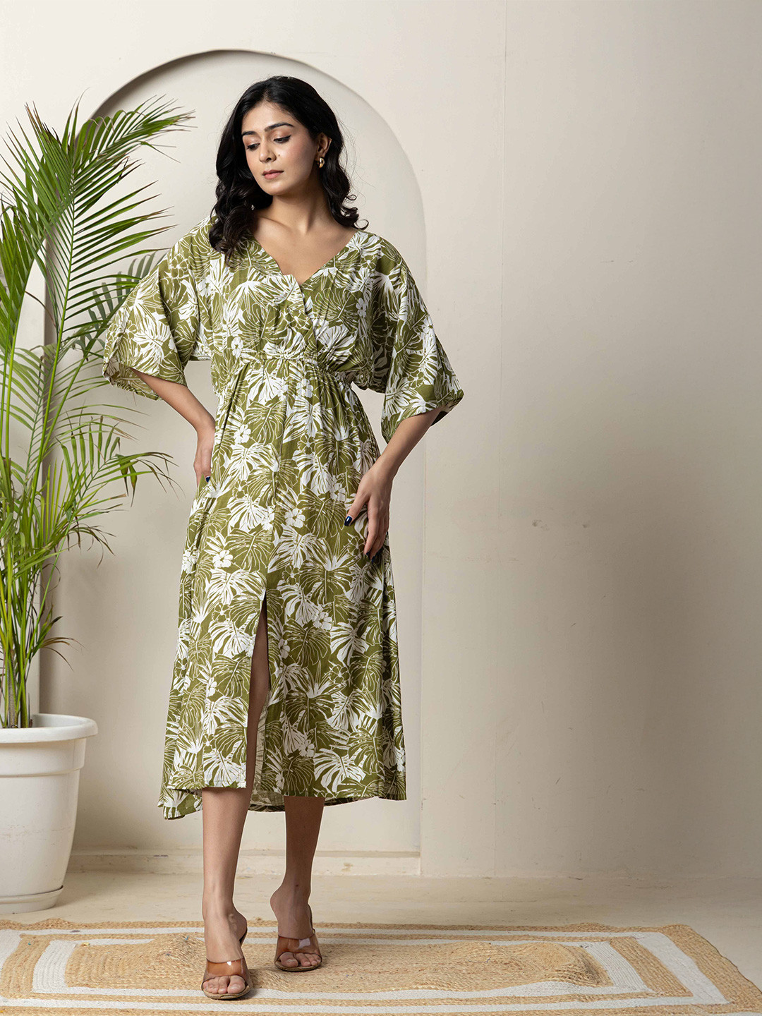 R RANAK CREATION Women Floral Printed Kimono Sleeve Kaftan Midi Dress