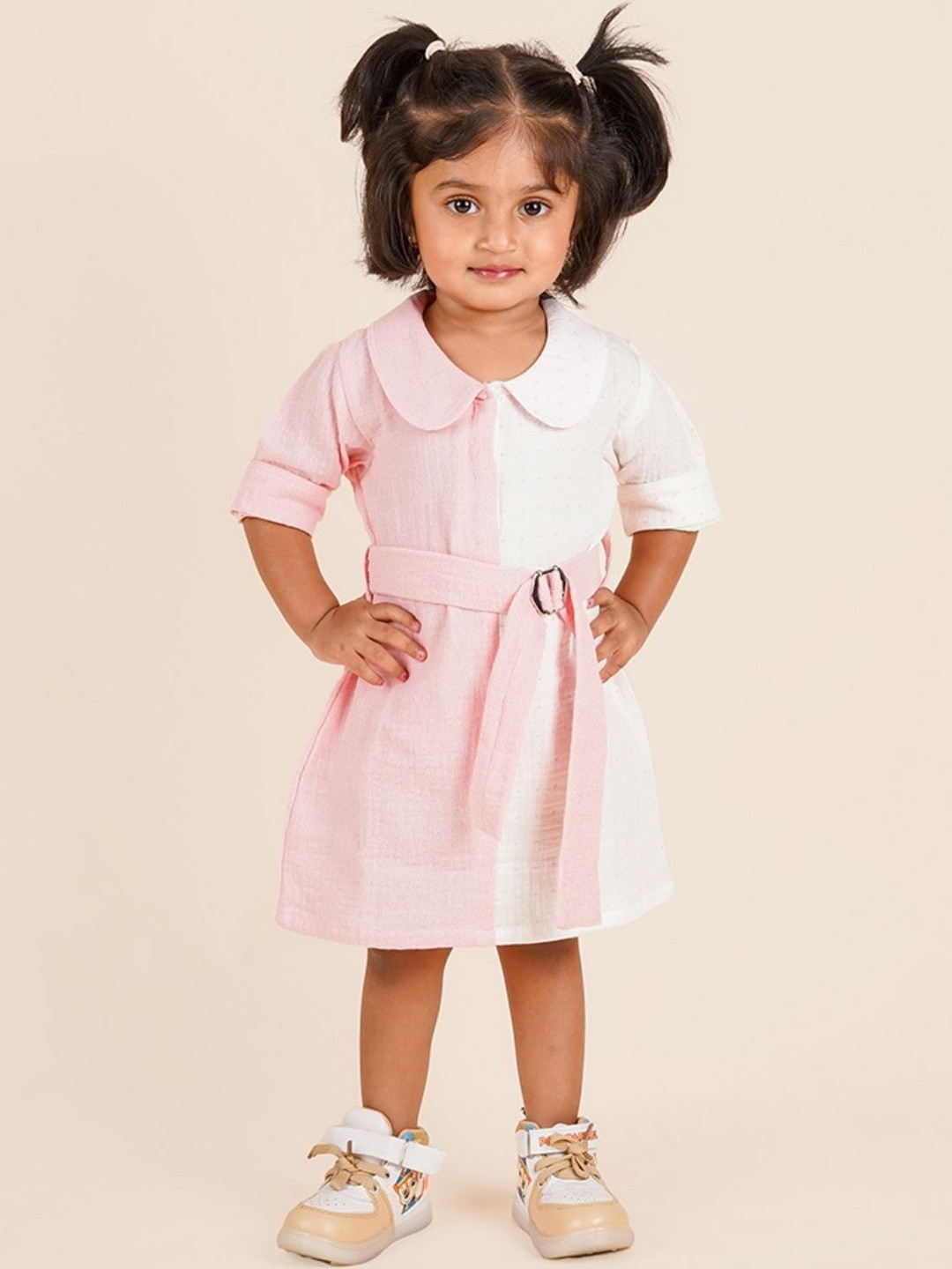 LOYZO-LOYAL TO JOY Girls Colourblocked Peter Pan Collar Fit & Flare Dress