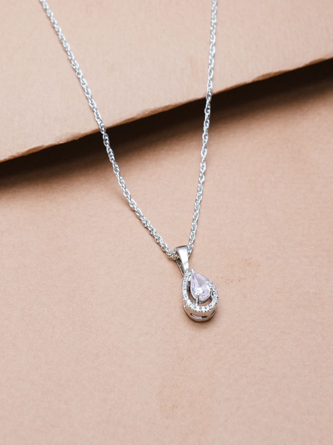 TASSYA Women Silver Pink Blush Drop Pendant Chain