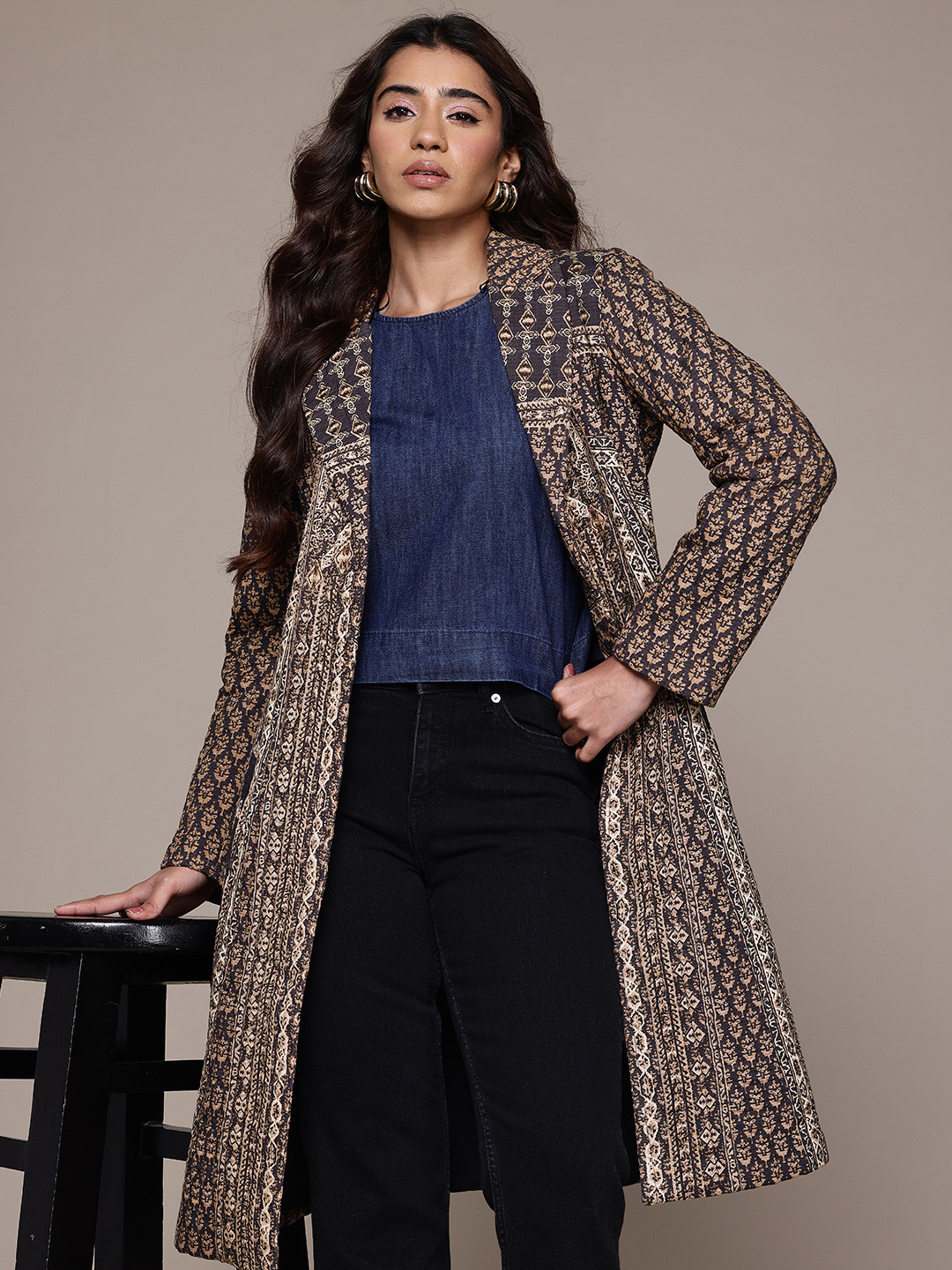 aarke Ritu Kumar Mosaica Ethnic Motifs Print Quilted Style Longline Front-Open Overcoat