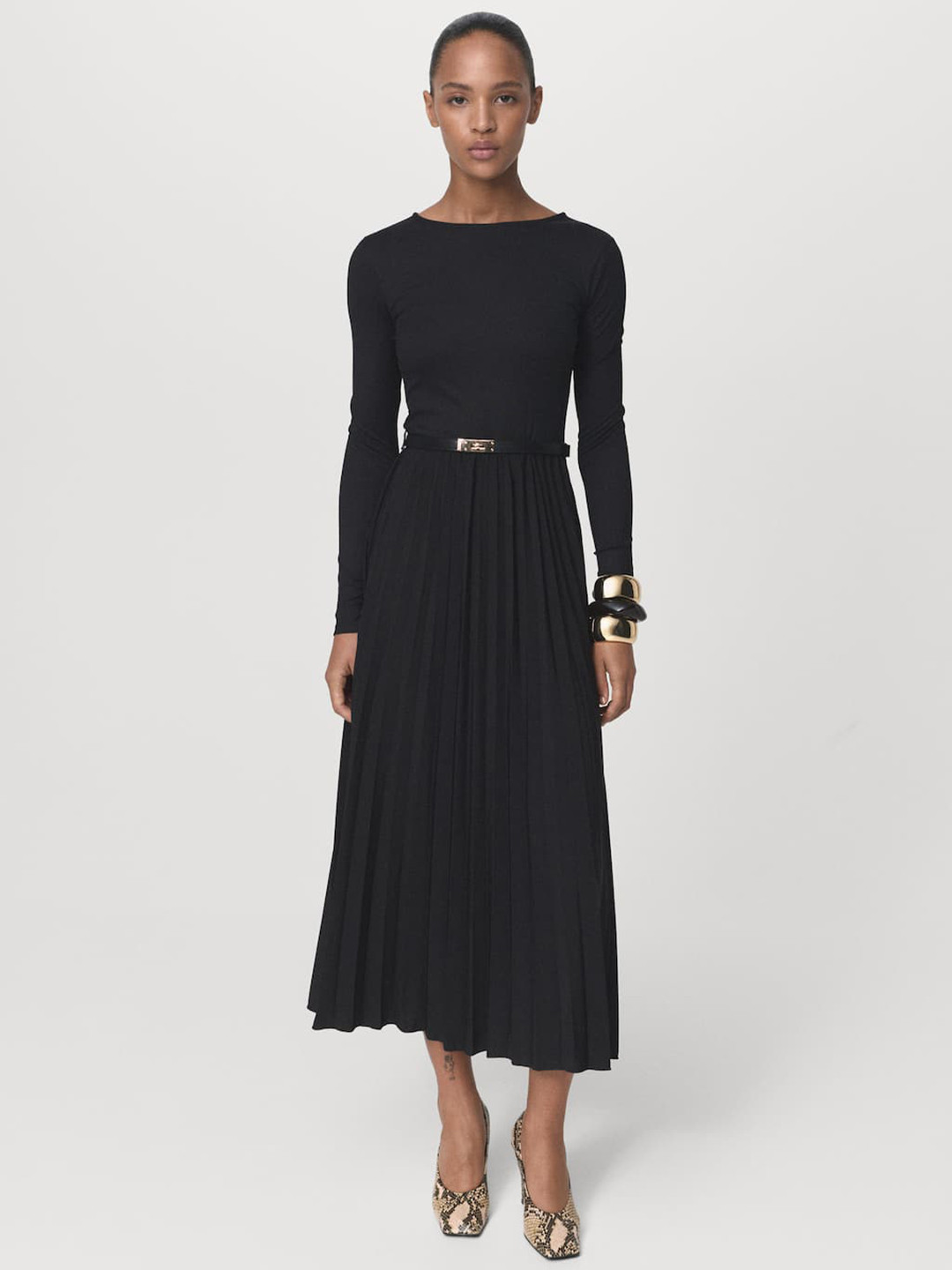 MANGO Pleated A-Line Midi Dress with Belt