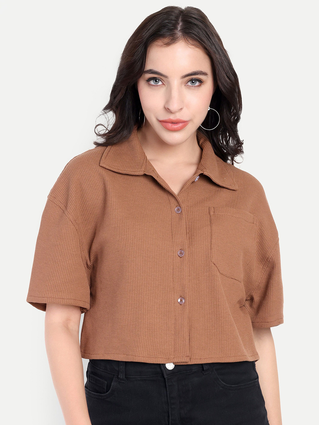 TEES HUB Women Oversized Fit Textured Spread Collar Casual Shirt