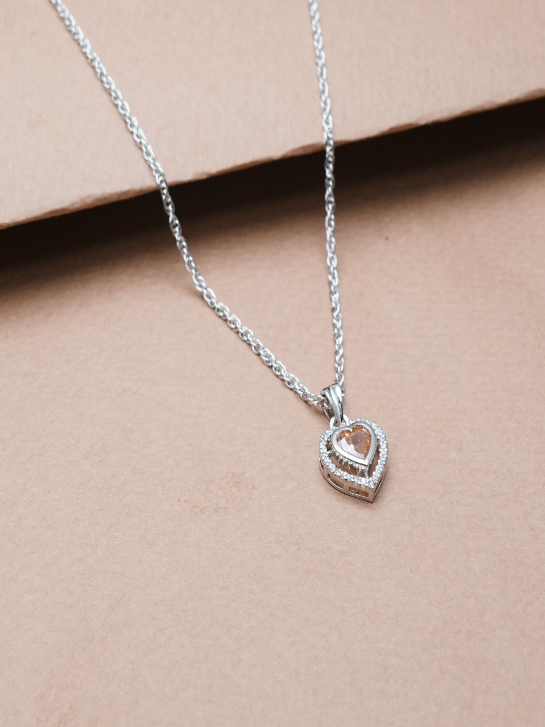 TASSYA Women Silver Peach Twin Heart Chain Pendant