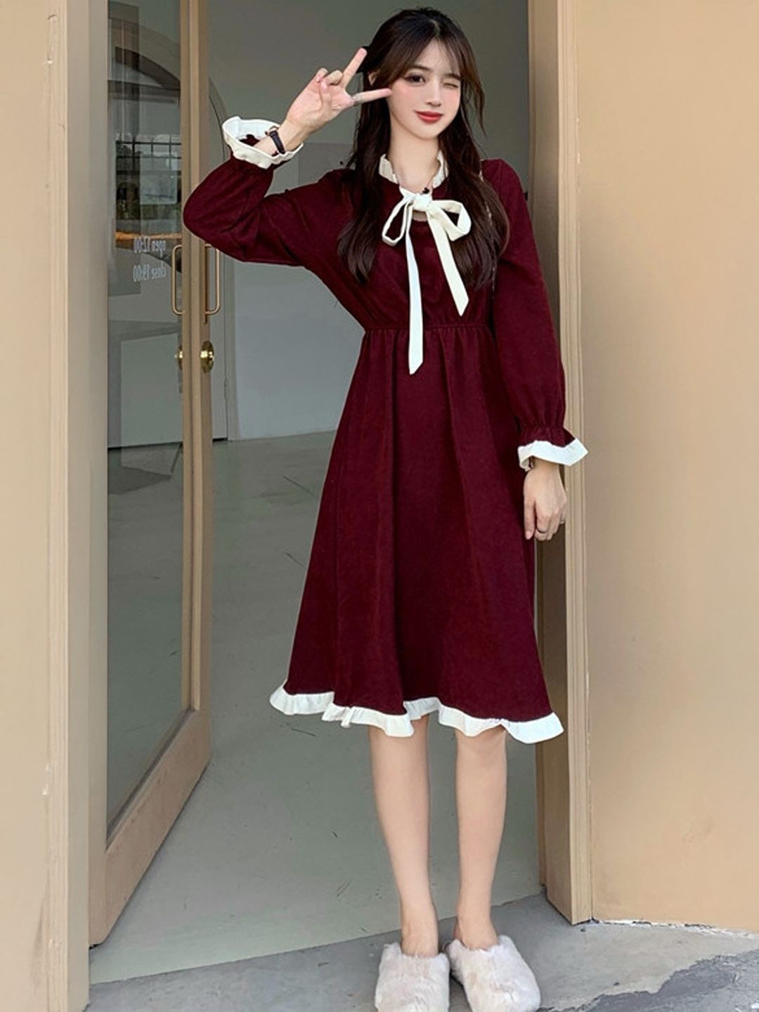 StyleCastRuffled Tie-Up Neck Fit & Flare Midi Dress
