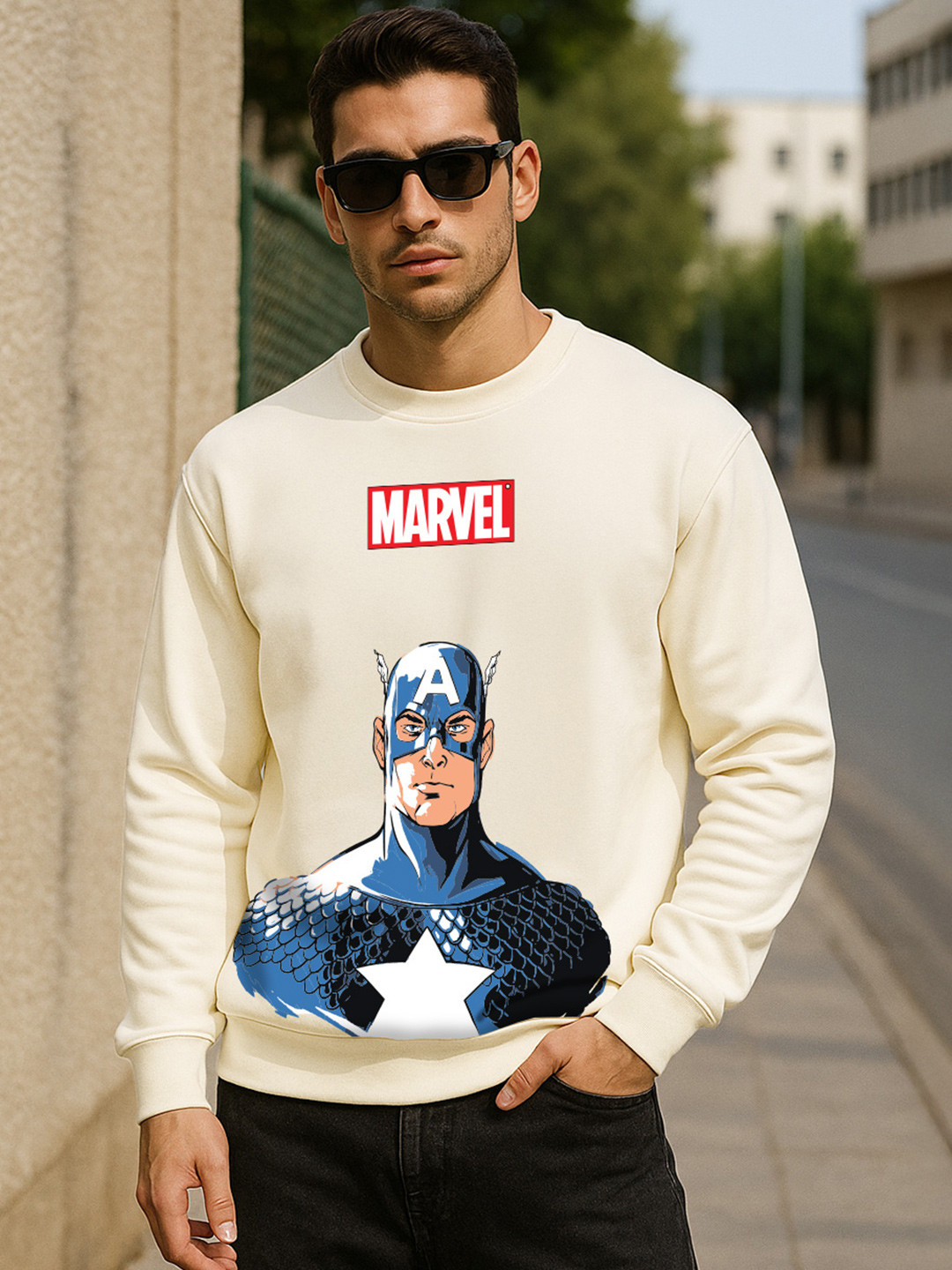 VEIRDO Marvel Captain America Men Beige Printed Round Neck Cotton Fleece Sweatshirt