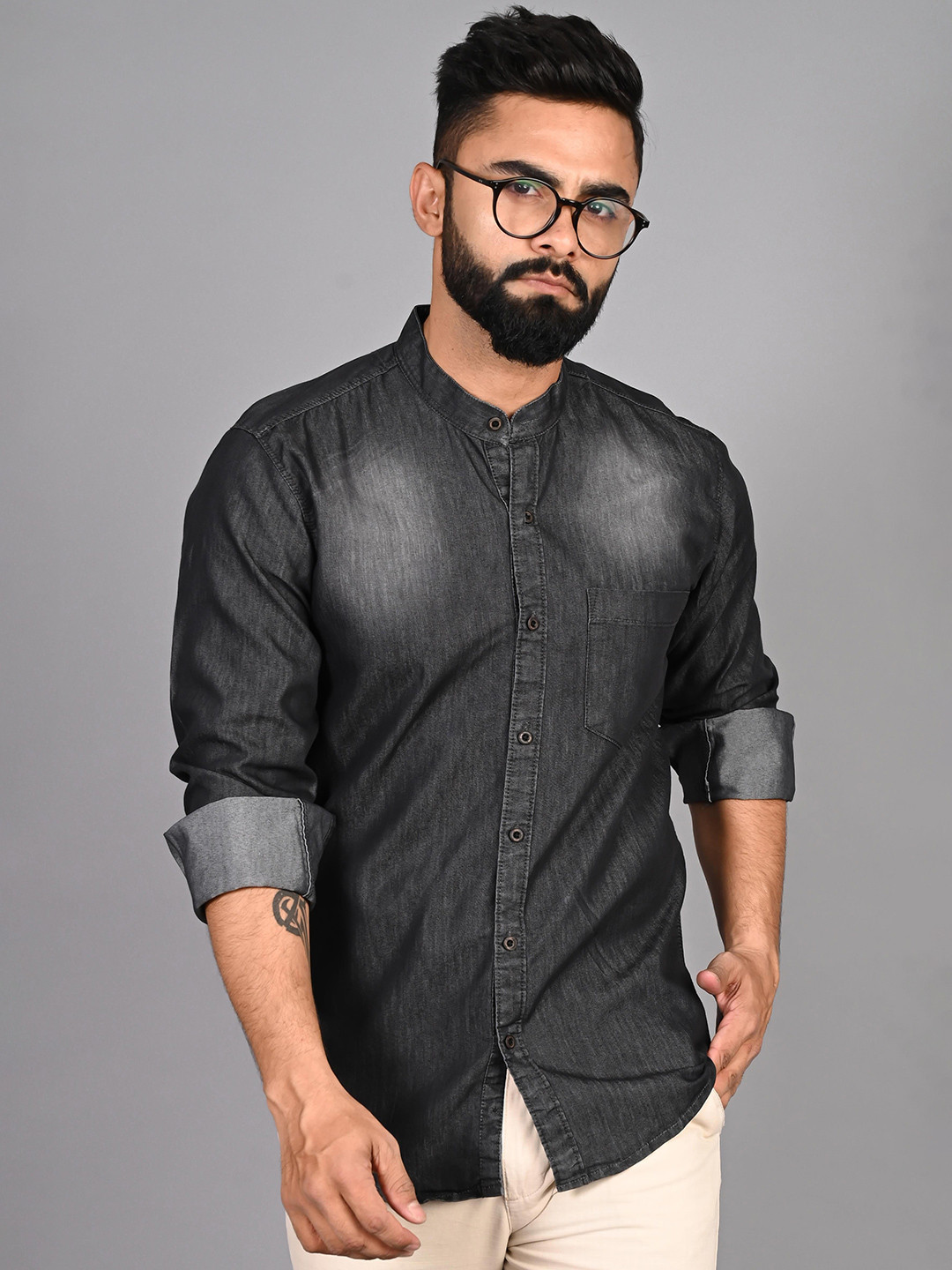 FUBAR Men Faded Dyed Band Collar Cotton Casual Shirt