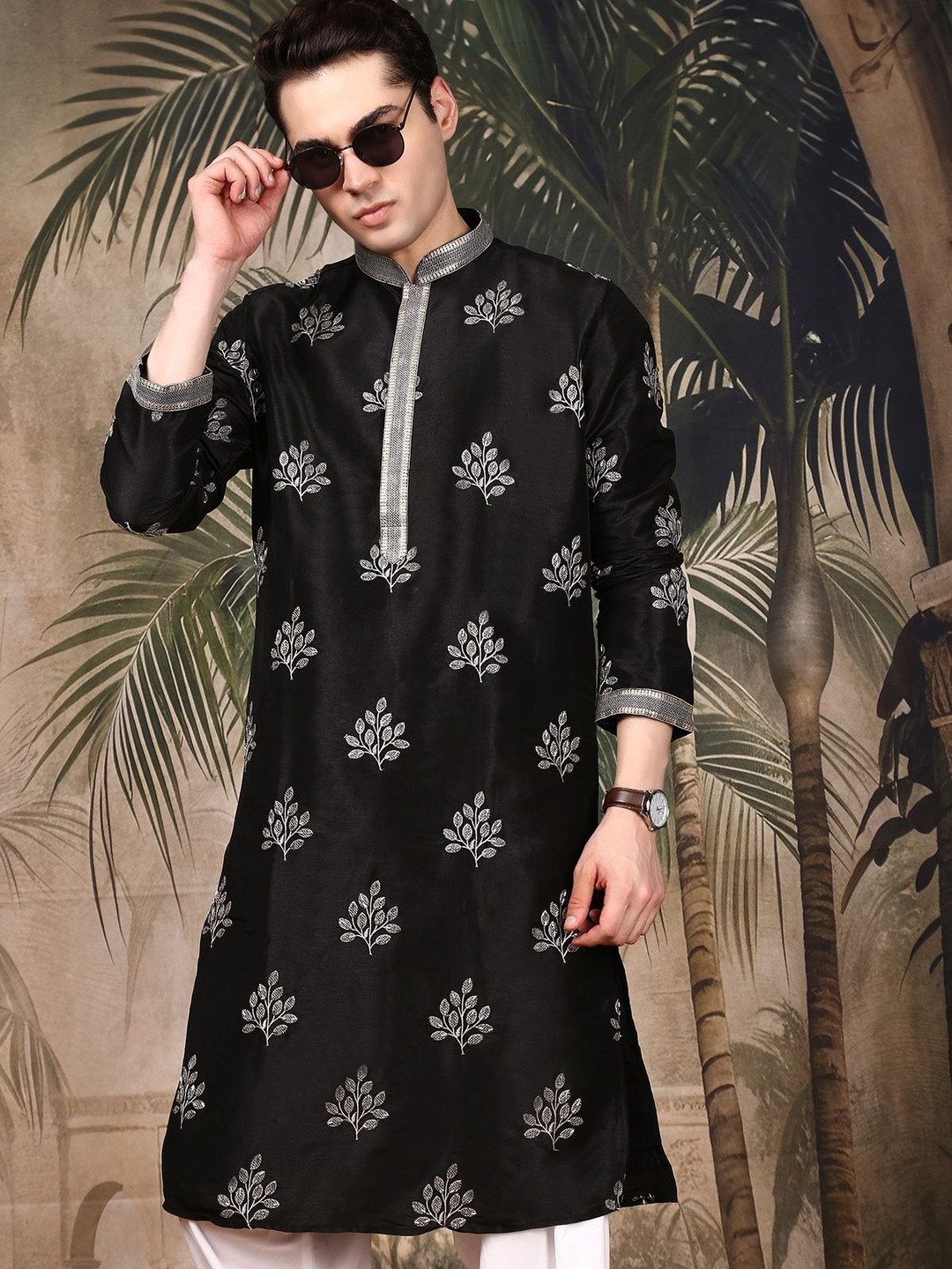 Sangria Men Black Silk Blend Fabric & Sequin Detailing Contemporary Kurta