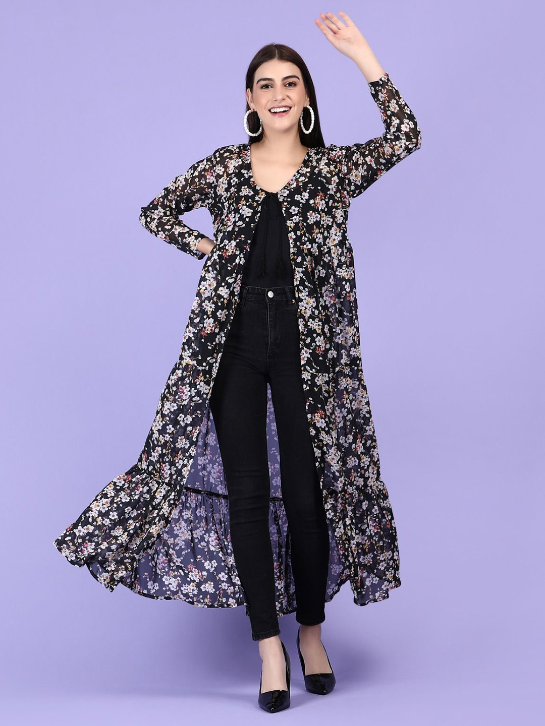 AD Fashion Printed V-Neck Longline Shrug