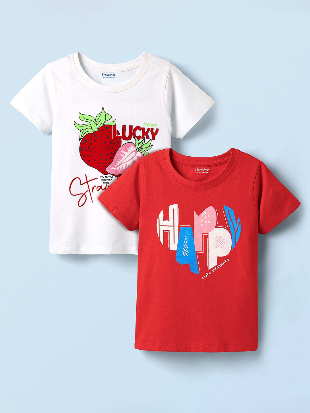 Honeyhap Girls Pack Of 2 Cotton Blend Typography Printed T-shirt