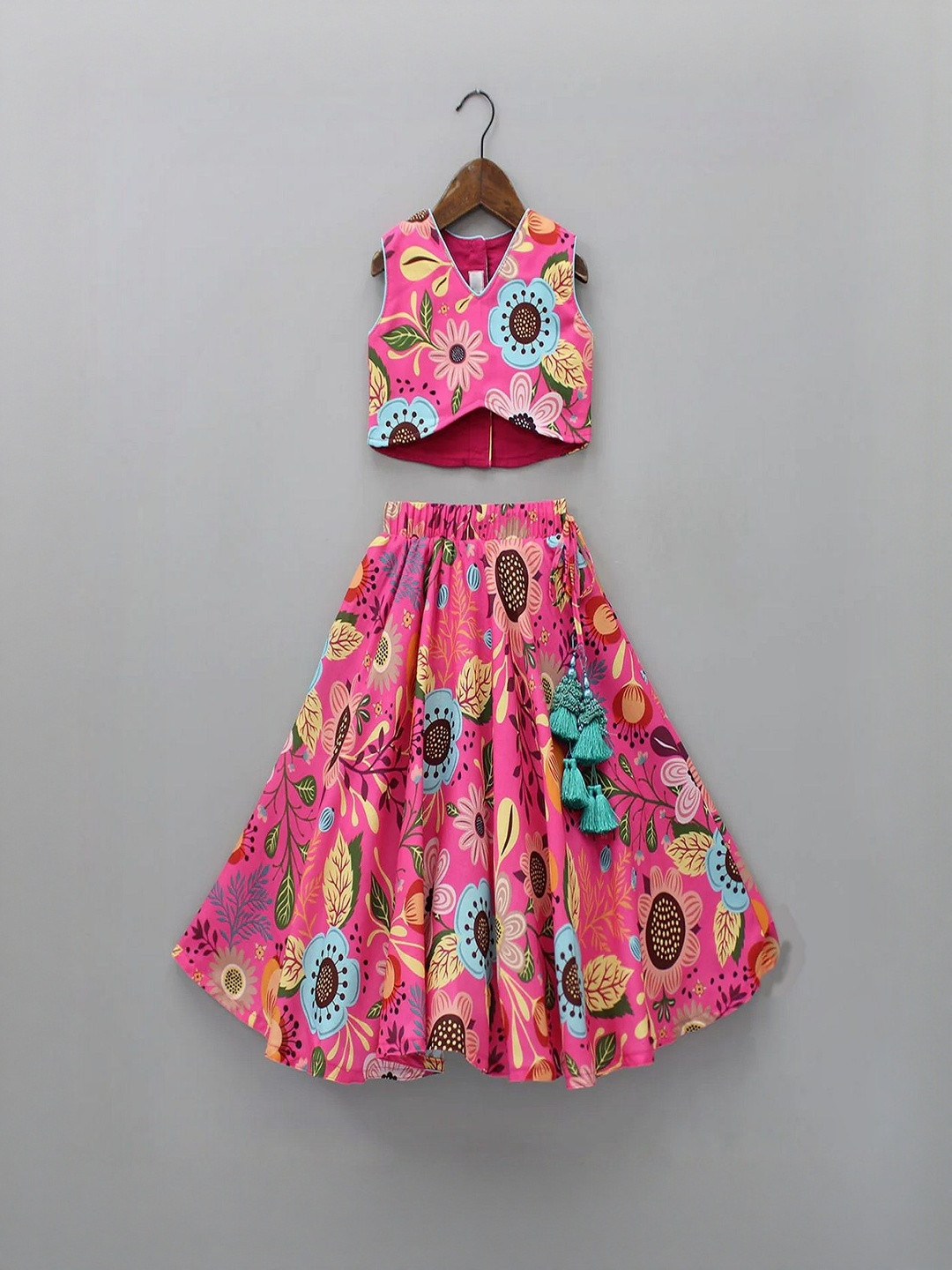 Leons Fab Girls Multicolour Floral Printed Pink Top And Lehenga