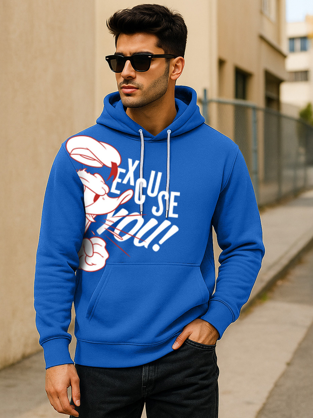 VEIRDO Disney Donald Duck Blue Print Cotton Fleece Regular Fit Hooded Pullover Sweatshirt