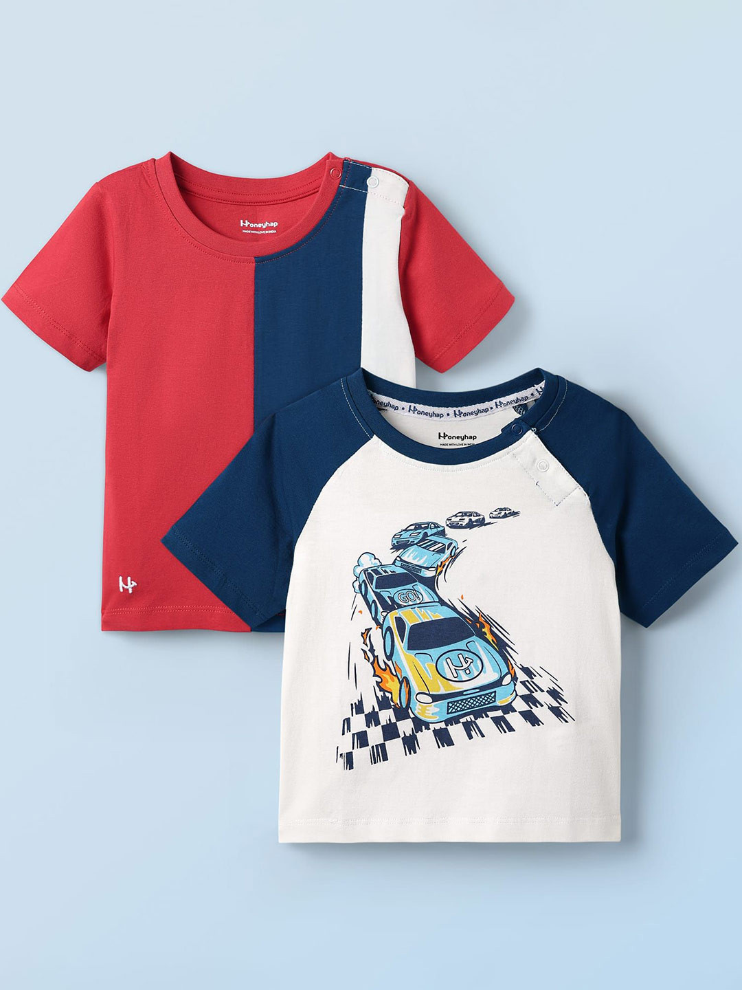 Honeyhap Boys Pack of 2 Cotton Knit Half Raglan Sleeves Cut & Sew T-Shit with Car Print