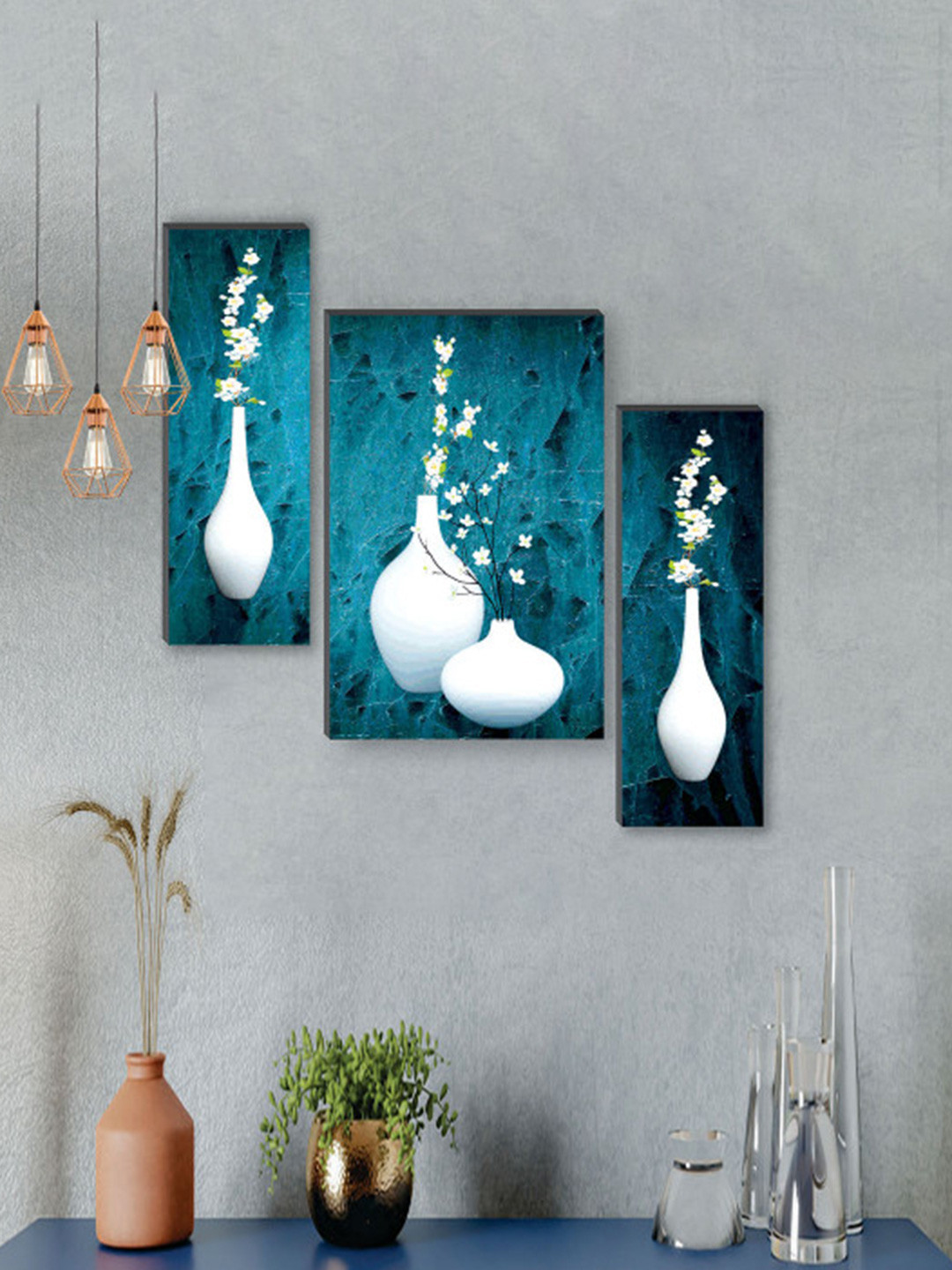 SAF White & Blue 3-Pcs Pretty Flower Pot UV Textured Self Adhesive Framed Wall Painting