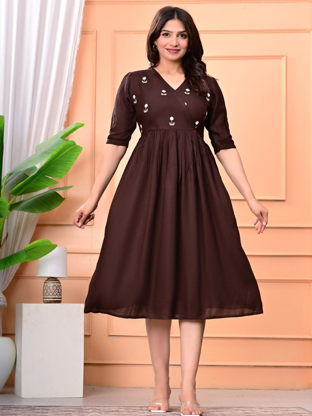 Wisking Creation Women Floral Embroidered A-Line Dress