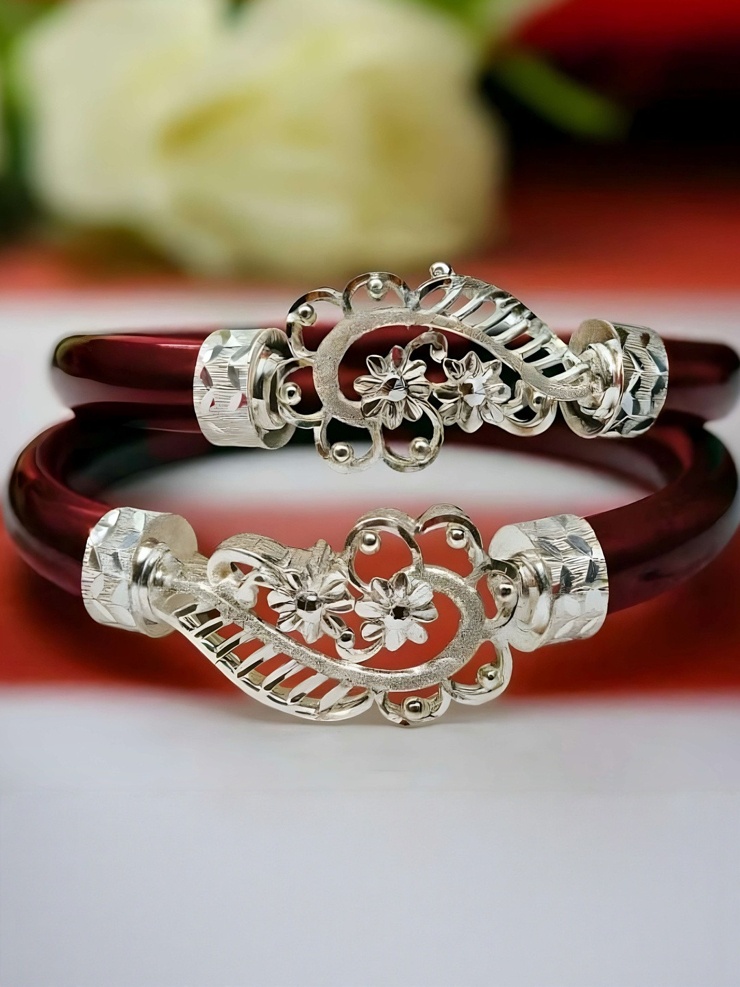 PARASMONI Women Sterling Silver Red Pola Bangles